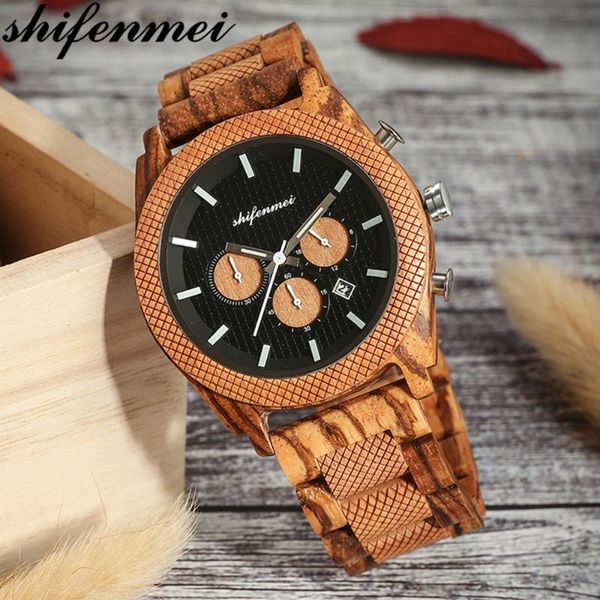 

wristwatches shifenmei wooden men's watches quartz watch men chronograph date sport clock relogio masculino, Slivery;brown