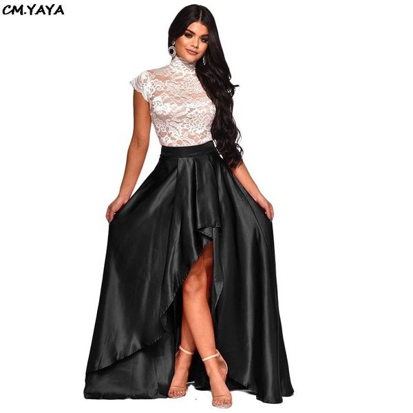 

women lace up back short sleeve blouses high split big swing floor length skirts suits 2pcs set outfit 3color glk9315 women's two piece, White