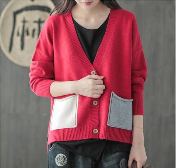 

women's sweaters autumn sweater women fashion loose knitting cute v-neck button character print pocket casual female blended, White;black