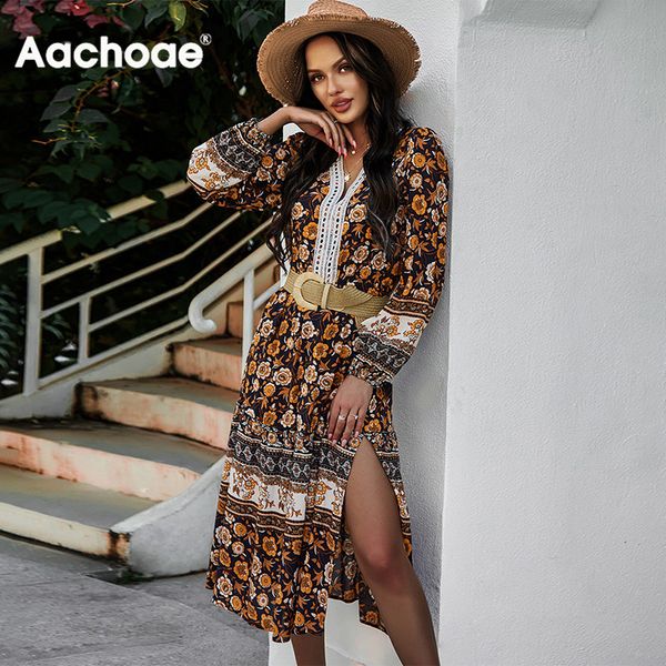 

bohemian floral print dresses for women v neck side split beach dress lantern sleeve stylish midi sundress without belt, Black;white