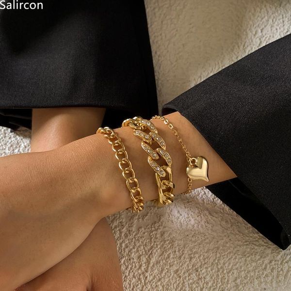 

link, chain punk rhinestone curb cuban link bracelet for women geometric heart pendant couple fashion jewelry wholesale, Black