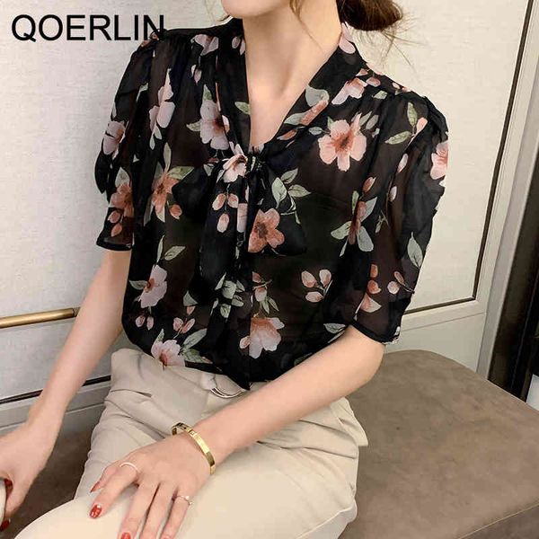 

bowknot floral temperament short sleeve shirt print loose chiffon shirt women's thin summer sweet casual gentl stylish blouses 210416, White