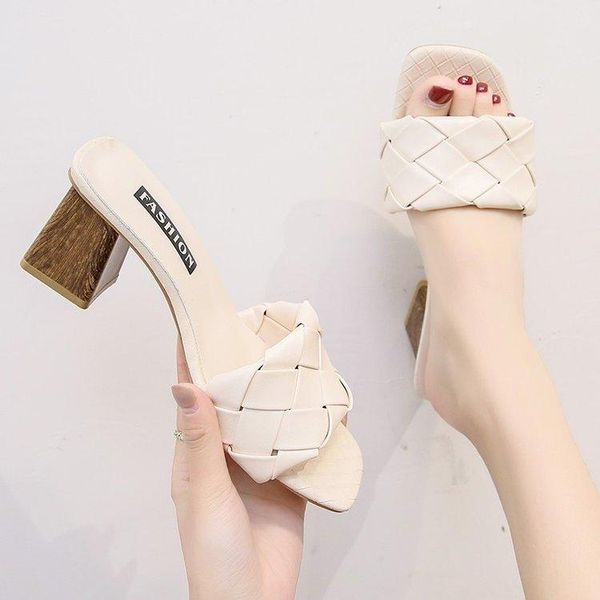 

shoes women slippers summer slides heeled mules fashion square heel pantofle lady soft high luxury block 2021 girl rubber scand, Black