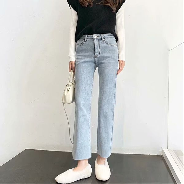 

jeans f7791 - korean women's clothing fall / winter 2021 high waist plush thin flannel denim straight pants for women, Blue