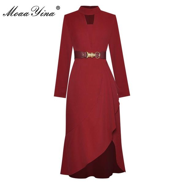 

casual dresses moaayina fashion designer dress autumn women's long sleeve belt solid high street chiffon asymmetrical, Black;gray