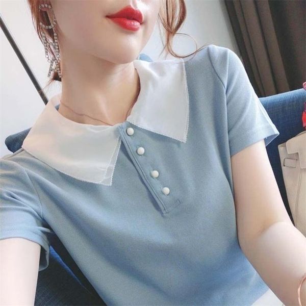 

organza lapel stitching short-sleeved t-shirt women's summer self-cultivation and versatile design niche solid color top, White