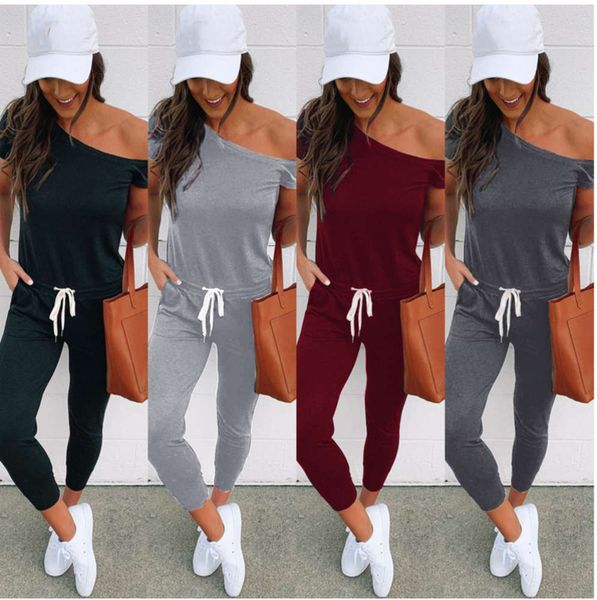 

clothing autumn 2021 women's fashion off short sleeve pocket lace up diagonal shoulder jumpsuit, Black;white