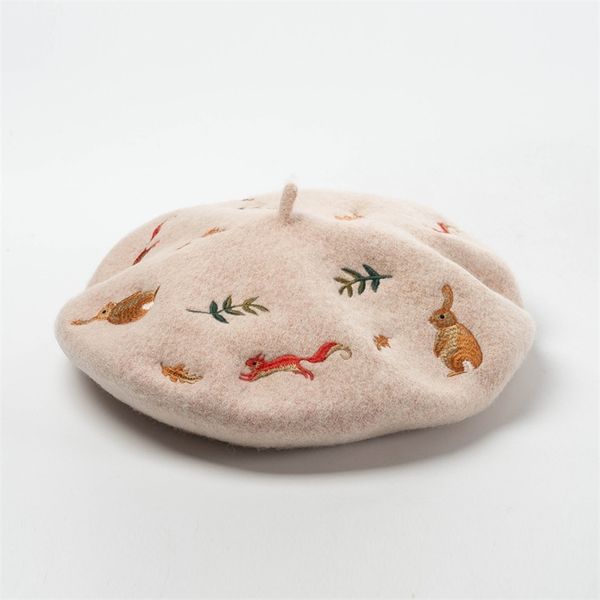 

korean autumn and winter mori rabbit squirrel leaves embroidered wool beret artist hat 210429, Blue;gray