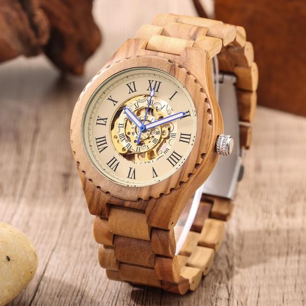 

wristwatches men's mechanical wooden watch natural wood unique yellow luminous pointer automatic novel gift, Slivery;brown