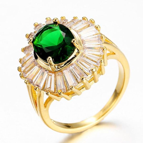 

cluster rings emerald gemstones green jade crystal for women gold color diamond anillo vintage luxury jewelry fashion bijou party gift, Golden;silver