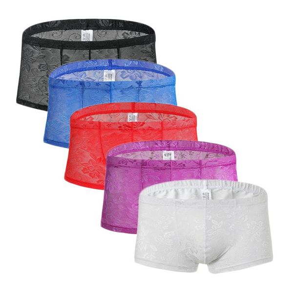 Underpants 5ps sexy mens boxers shorts malha homem sexo roupas underwear lingerie tronco transparente ver através da dropship de renda floral