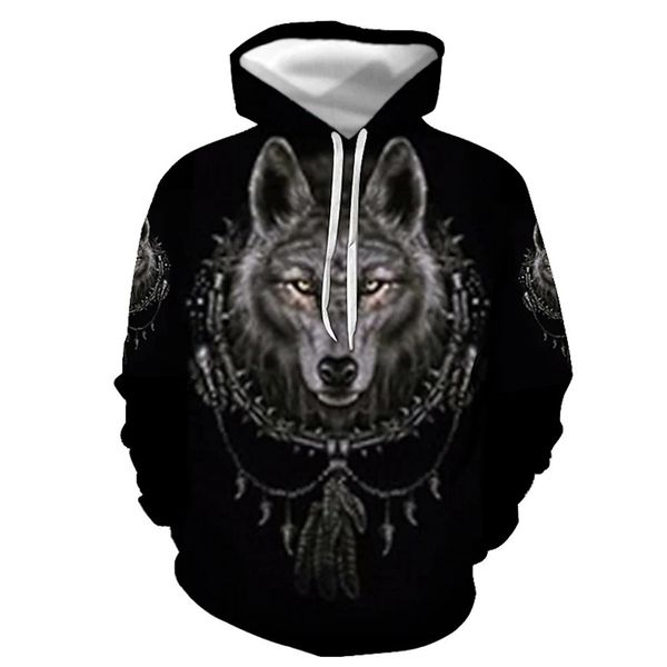 

wild wolf pattern fierce 3d printing hoodie visual impact party punk goth round neck sweater hoodie, Black