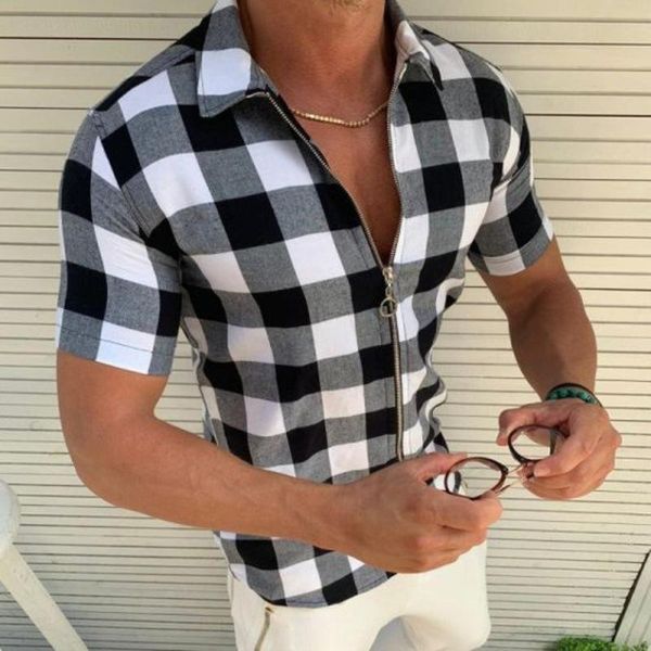 

men's casual shirts spring summer zip-up slim cardigan streetwear fashion plaid print shirt men business retro short sleeve lapel, White;black