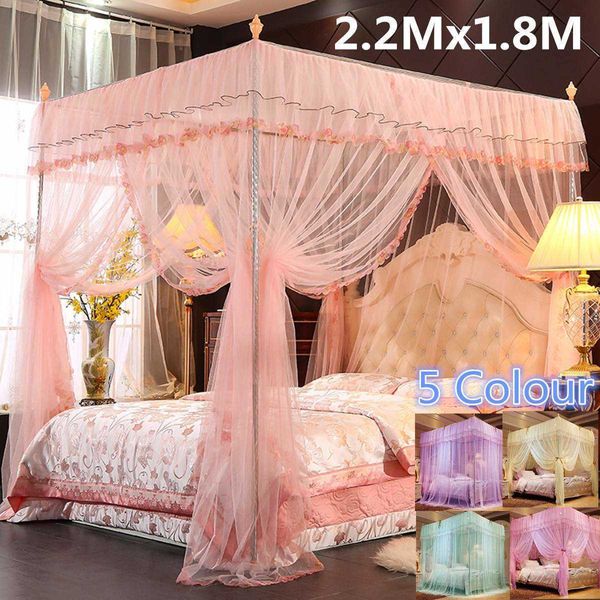 Zanzariera di lusso a 4 angoli con baldacchino per letto matrimoniale king size con rete rosa viola bianco giallo beige