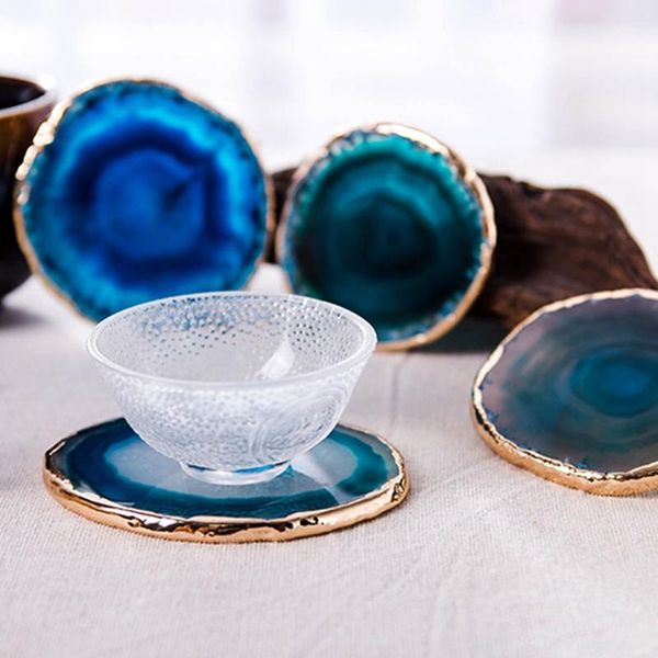 

mats & pads 2pcs agate slice blue teacup tray decorative design stone gold edges home decor gemstone