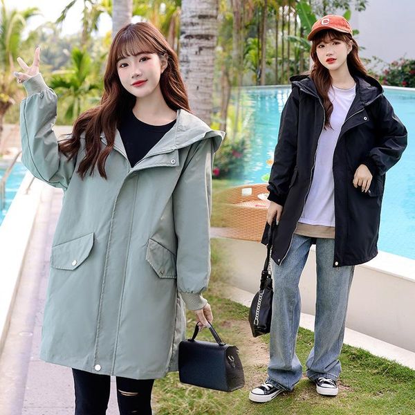 

women's trench coats 2021 junior high school students korean loose large size windbreaker coat middle long versatile fashion, Tan;black