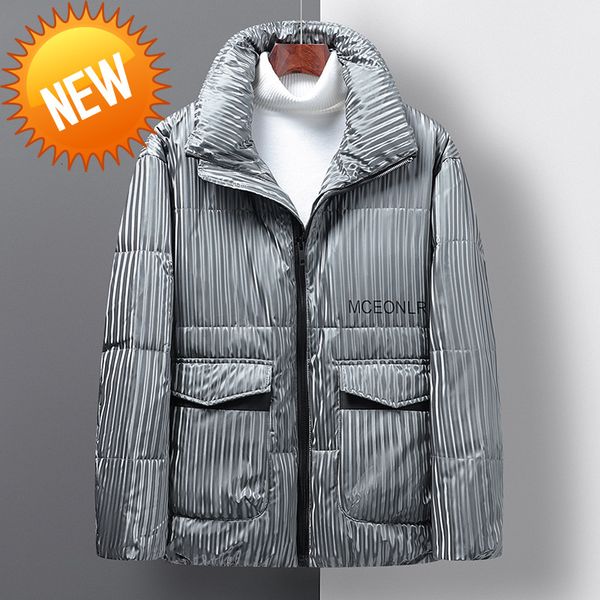 

fashion short stand collar men's white duck down jacket 2021 winter casual striped print thickened warm coats, Black