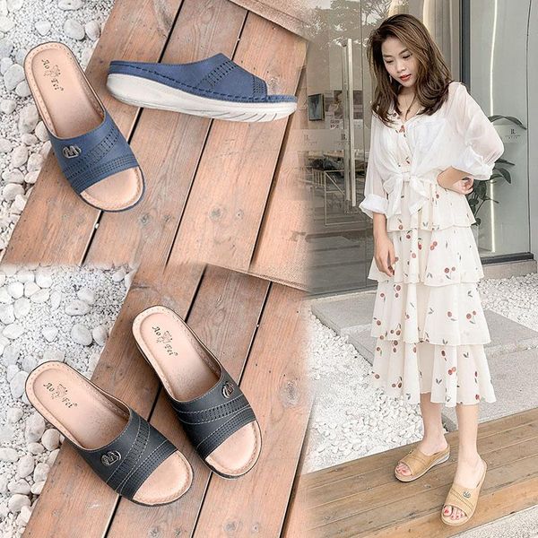 

ladies sandals thick-soled wedge slippers stitching summer shoes open toe casual beach fashion all-match, Black