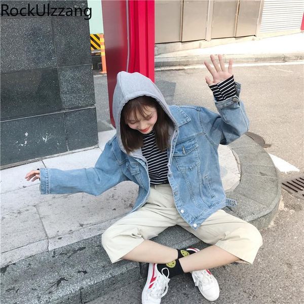 

autumn zipper splicing string hooded denim coat long sleeve windbreaker jean jacket solid women streetwear fashion outfit korean women', Black;brown
