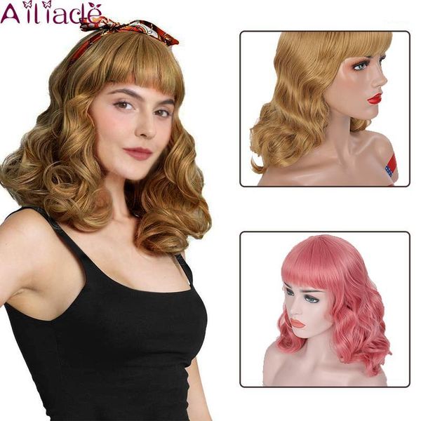 

pink blonde medium length wavy wig african american women heat resistant synthetic with bangs vintage cosplay wigs1, Black