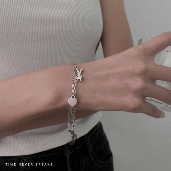 

beaded, strands cosysail cute heart pendant bracelet stainless steel for female hip hop trendy silver color cartoon jewelry, Black
