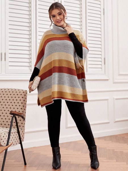 

plus cut and sew turtleneck batwing sleeve knit poncho 53gu#, Black;gray