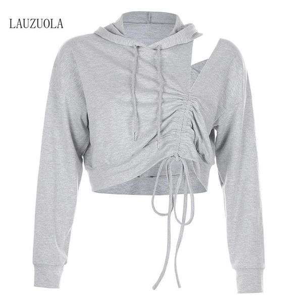 

women's hoodies & sweatshirts grey cropped hoodie pullover womens hooded sweatshirt tie collar drawstring long sleeve crop women autumn, Black