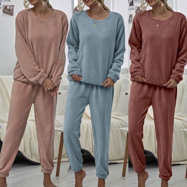 

women's tracksuits 1set women solid color flannel pants sets leisure wear lounge suit casual tracksuitsweatshirts pullover hoodies, Gray