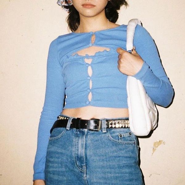 

women's t-shirt hollow long sleeve short navel blue, White