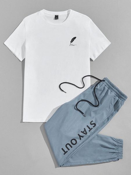 

men feather print tee & slogan graphic drawstring waist sweatpants y6sr#, Gray
