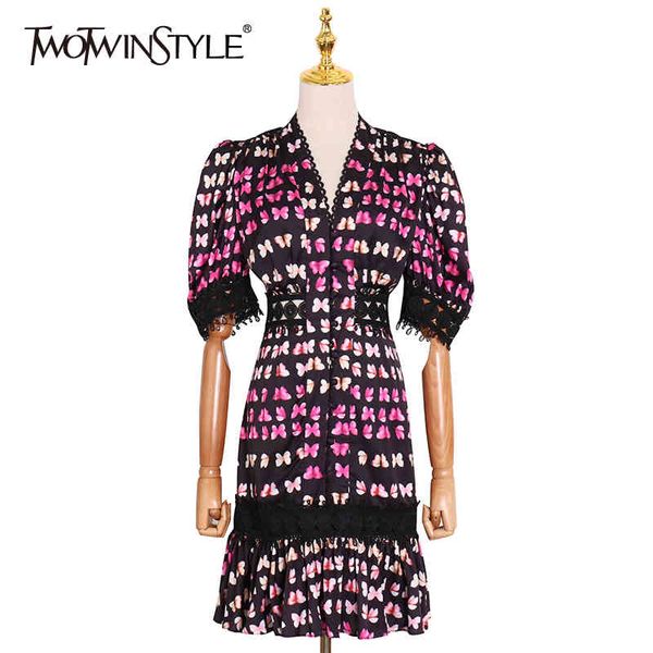

print hit color mini dress for women v neck puff sleeve high waist elegant vintage patchwork dresses female fashion 210428, Black;gray