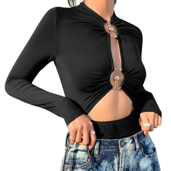 

body mechanics clothing women's long sleeve slim bodysuit ladies casual metal decoration romper one piece tight bare midriff night club, Black