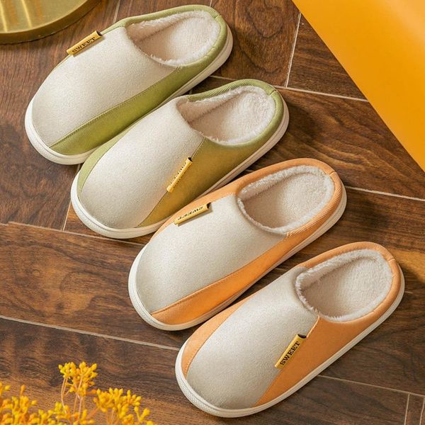 

slippers couple spring autumn home cotton female patchwork cute indoor casual shoes non-slip soft plush flat slipper for women, Black