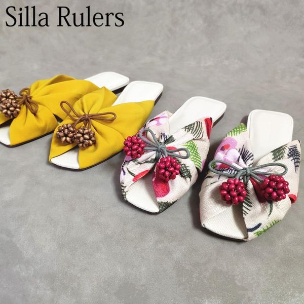

plant painting peep toe mules woman bow square flat with summer sandals runway ladies dress shoes party, Black