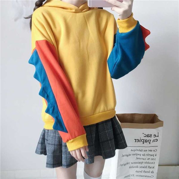 

fashion women's sweatshirts hoodies autumn winter sweet cute dinosaur velvet cashmere hooded female  210601, Black
