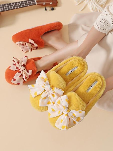 

slippers winter knot-bow house women fur warm plush bedroom flat ladies dots shoes non-slip chic furry slides 41 ncmd, Black