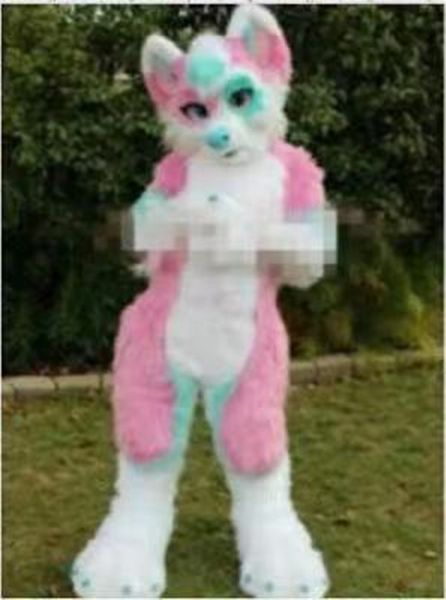 

costume profession made pink long fur furry fox wolf husky dog mascot costume fursuit cartoon christmas party, Red;yellow