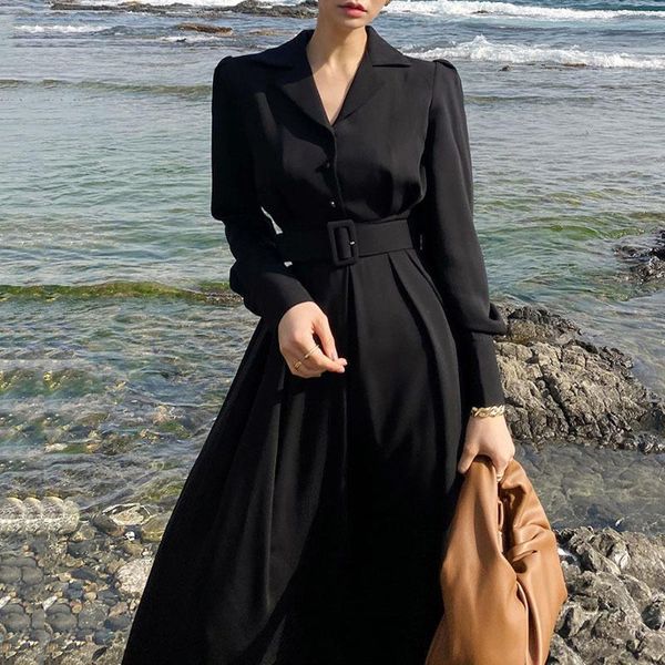 

casual dresses [ewq] women's fashion autumn 2021 notched solid color long sleeve single breasted mid-calf female tide 5e2950, Black;gray