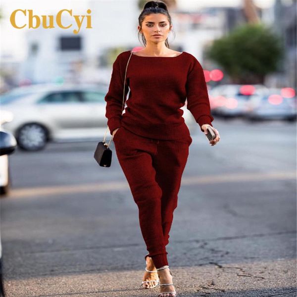 

women's two piece pants cbucyi 2pcs/set women casual suits long sleeve leisure sweaters and trousers womens knitted tracksuits, White