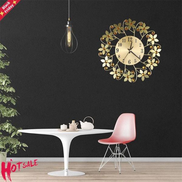 

round rhinestone flower wall clock living room home restaurant hanging decor metal iron watch diy clocks