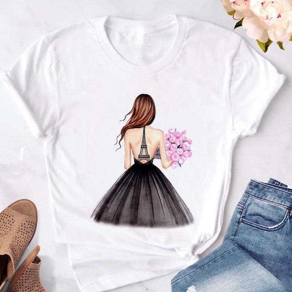 New Harajuku Pretty Lady Images Impresso Camiseta Mulheres Slim Branco Manga Curta T Camisa Presente Para Lady Yong Girl Top Tee Drop Ship X0527