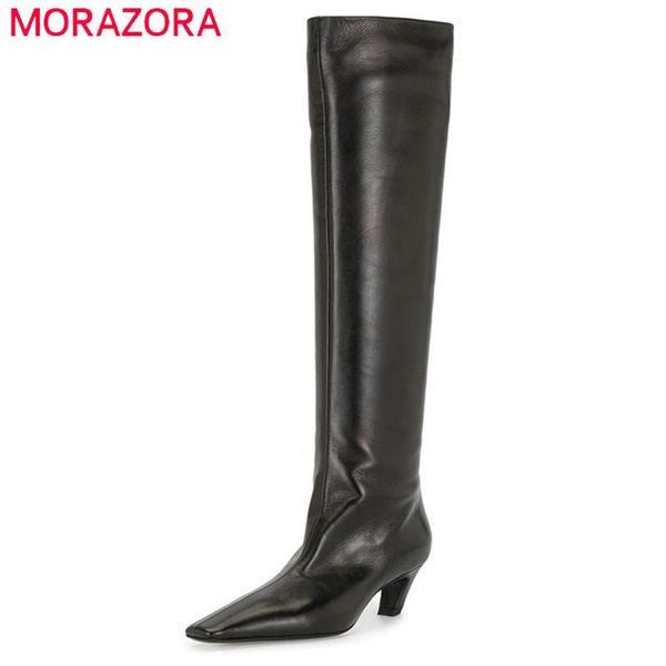 

boots morazora 2021 black western women high heels pleated casual shoes square toe autumn winter knee