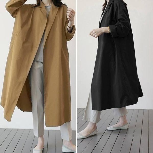 

women's trench coats zanzea casual long sleeves single-button windbreaker solid lapel pocket female autumn fashion midi coat oversized, Tan;black