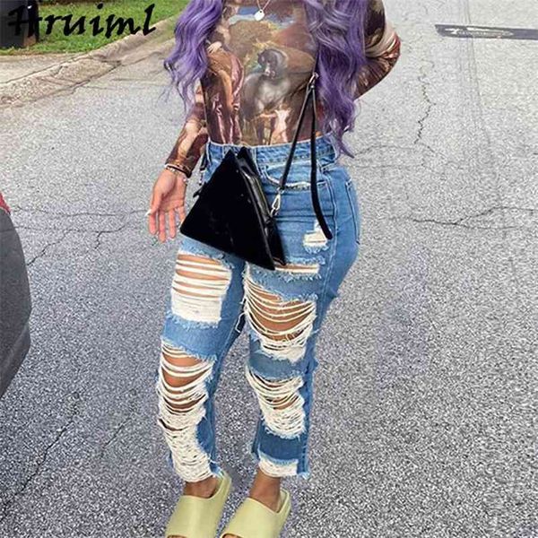 

fall fashion denim pants for women mid waist hole female jeans ankle-length plus size high street pantalones de mujer 210513, Blue