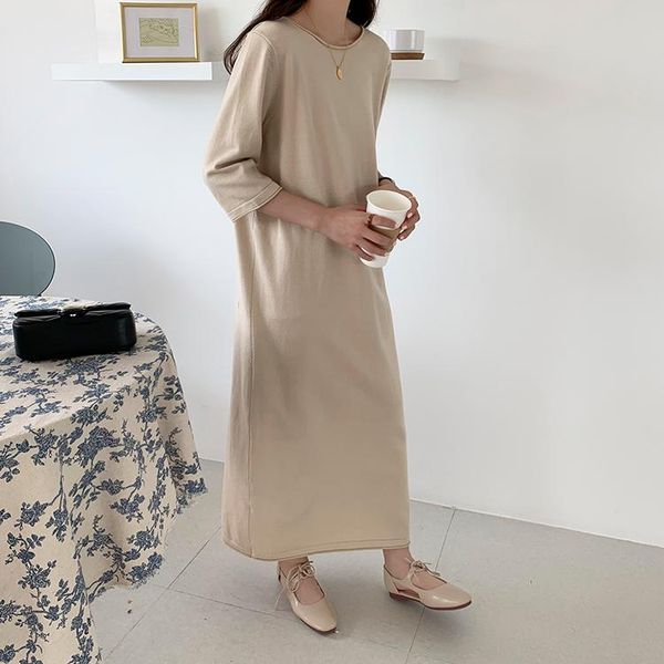 

casual dresses korean ins cashmere long dress women o-neck loose straight midi elegant spring autumn party office lady simple, Black;gray