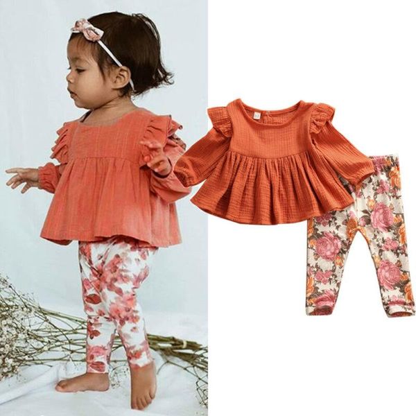

40# kids clothes baby girls solid color ruffle long sleeve round neck frilly t-shirts + floral print pants outfits clothing sets, White