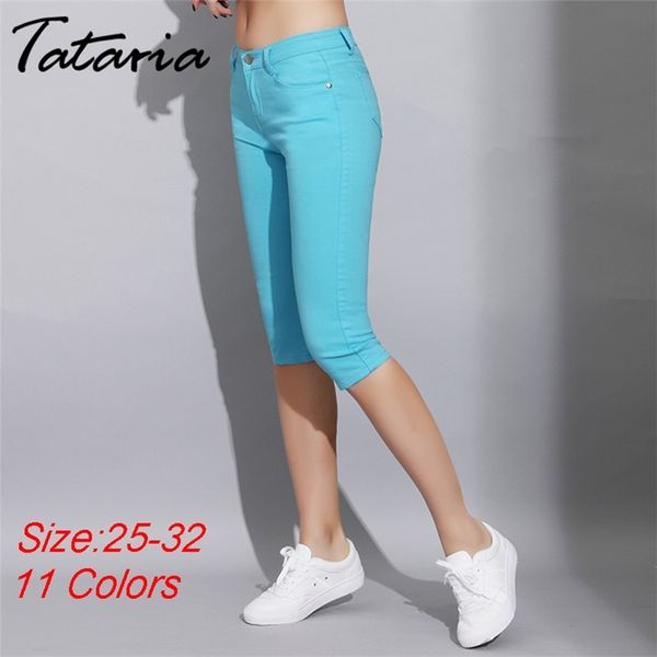 

1skinny women capris jeans pants female knee length stretch slim shorts women candy color summer denim shorts 210514, Blue