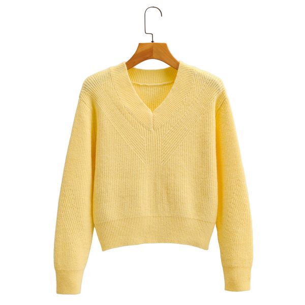 HSA Maglioni lavorati a maglia gialli da donna a maniche lunghe pullover da donna con scollo a V solido casual basic donna maglione maglione 210417