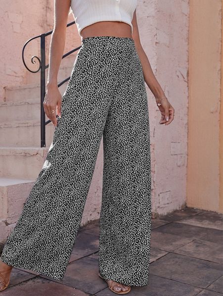 

high waist ditsy floral wide leg pants v741#, Black;white