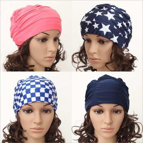 

by dhl 100pcs screaming swimming hat women girls long hair swim cap stretch drape bathing caps